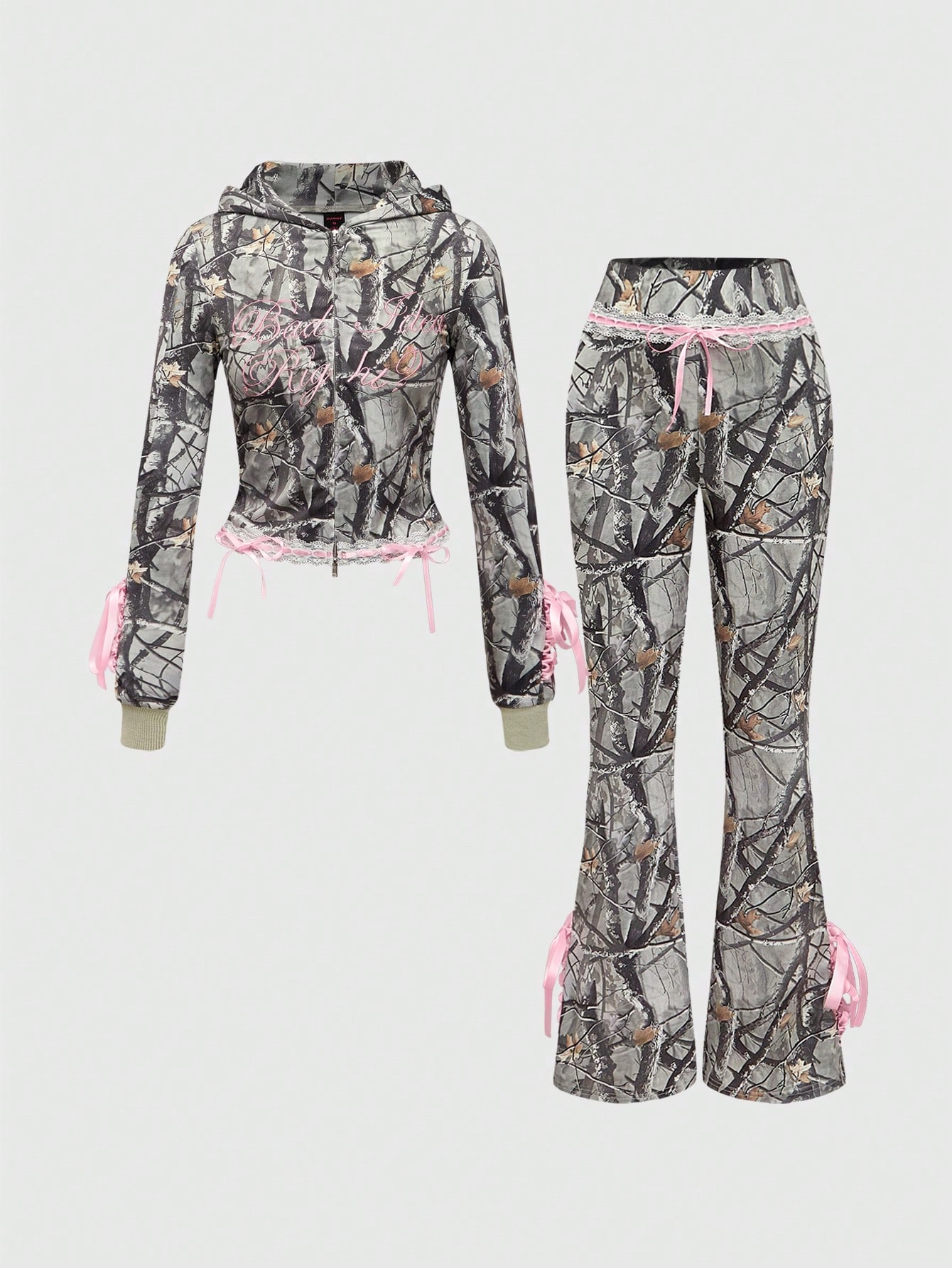 Kawaii 2pcs Y2K Baddie Autumn/Winter Streetwear Camouflage Bow Lace-Up Embroidered Hoodie Set For Women