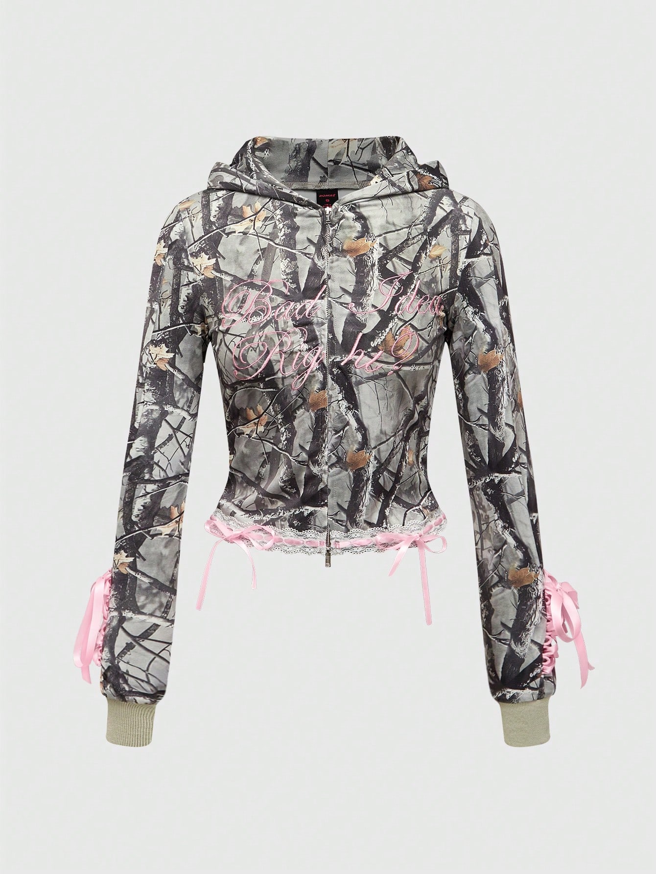 Kawaii 2pcs Y2K Baddie Autumn/Winter Streetwear Camouflage Bow Lace-Up Embroidered Hoodie Set For Women
