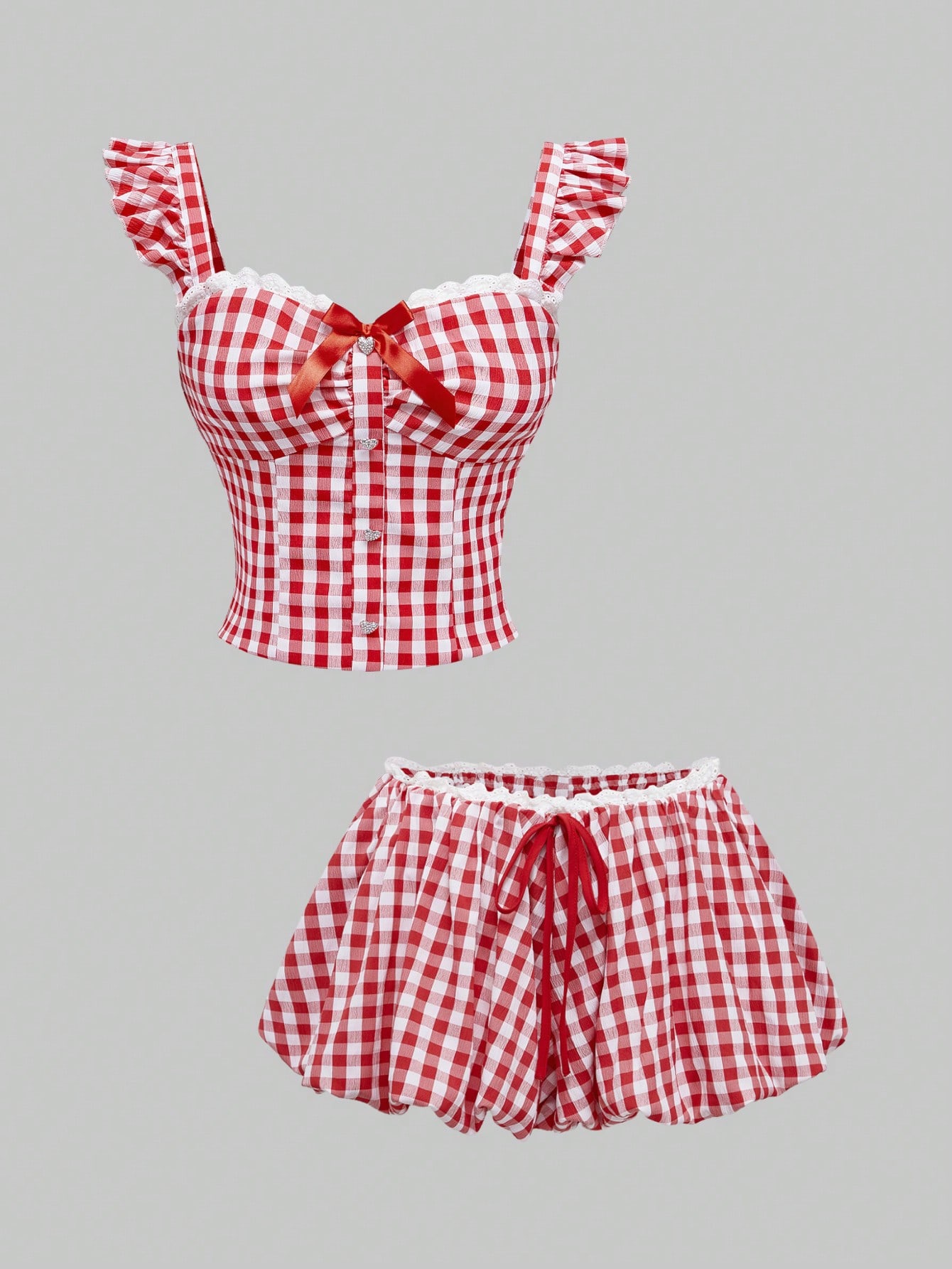 Kawaii Carnaval Valentine's 2pcs Outfit - Gingham Cami And Ultra-Short Shorts Set