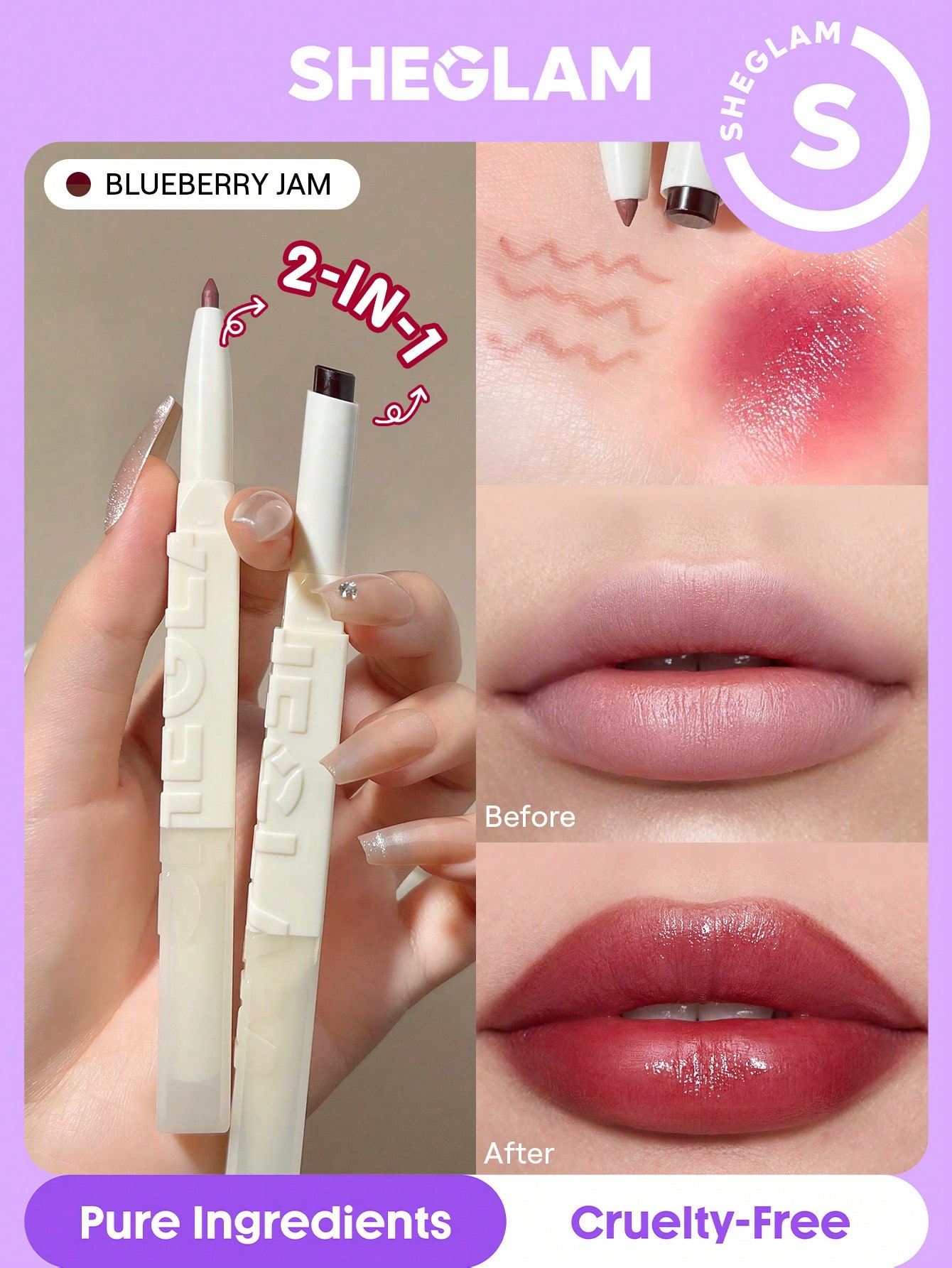 Glam 101 Sheer Tinted Lipstick & Liner Duo-Blueberry Jam Valentine Day Decor Love Gift Winter Y2K Makeup Party Beach Travel Holiday Camping Outdoors Present Rose Fashion Girl New Year Cosmetic Cosplay Best Trip Festivals Color Fancy Campus School Charm Vibe